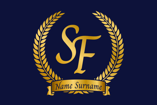 Initial letter S and F, SF monogram logo design with laurel wreath. Luxury golden calligraphy font.