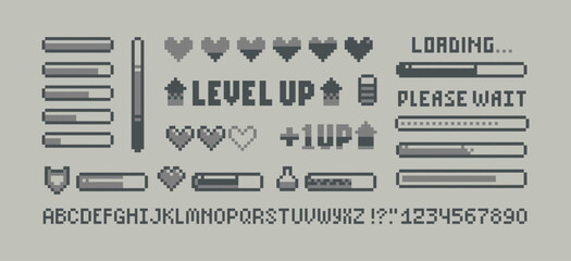 Poster - Retro 8-bit game loading progress bar pixel elements set with health scale hearts. Retro video game design. Level Up sign with health loading scale, energy. Arcade video game elements (vector)