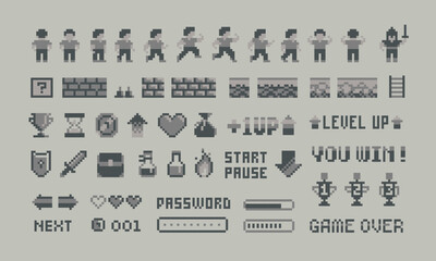Poster - Retro 8-bit Game icons and elements for arcade design. Pixel character animation game design. Retro 80s - 90s style video game sprites of Level up, trophy cups, medals with loot. Vector template