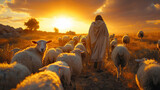 Fototapeta Panele - Bible jesus shepherd with his flock of sheep.
