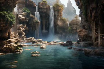  Majestic waterfall cascading down rocky cliffs. Generative AI