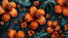A Painting Of Orange Flowers And Leaves With Drops Of Water On The Petals And Leaves On The Outside Of The Flowers.