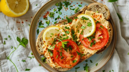 Wall Mural - Bruschetta on toasted ciabatta with Jerusalem hummus, lemon, tomato, herbs, served on a beautiful plate on a natural linen tablecloth. Vegetarian bruschetta with hummus, lemon and tomato.