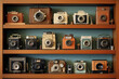 Old-fashioned vintage camera collection on wooden shelf. Generative AI