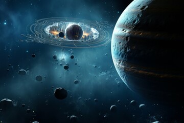 Wall Mural - space probe exploring the icy moons of a gas giant