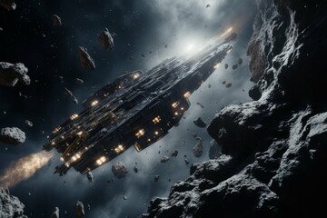 Wall Mural - interstellar spaceship navigating through an asteroid belt