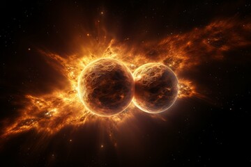 Wall Mural - binary star system illuminating a planet with tidal effects and golden light.