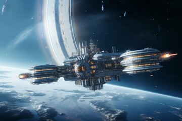 Wall Mural - futuristic space station orbiting a gas giant planet with astronauts conducting experiments.