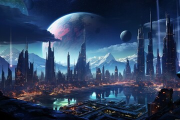 Wall Mural - futuristic cityscape on a distant planet with floating platforms and vibrant aurora borealis.