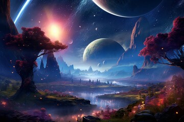 Wall Mural - serene planet with lush alien vegetation and cascading waterfalls.