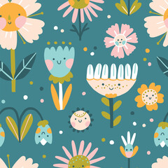  Flowers characters with smiling faces seamless pattern. A naive childish hand-drawn illustration in scandinavian style. Spring chamomile and tulips. Funny texture for surface design, textile, fabric.