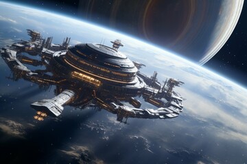 Wall Mural - futuristic space station orbiting gas giant planet