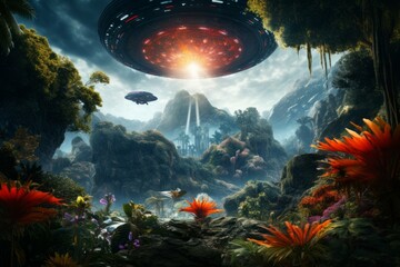 Wall Mural - spaceship landing on alien planet