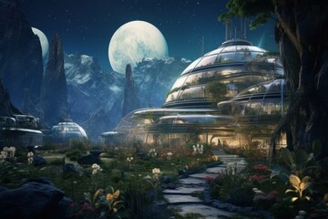 Wall Mural - serene moon colony in a lunar valley with colonists tending to a lush lunar garden