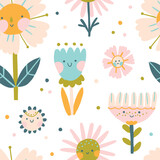 Fototapeta Pokój dzieciecy - Flowers characters with smiling faces seamless pattern. A naive childish hand-drawn illustration in scandinavian style. Spring chamomile and tulips. Funny texture for surface design, textile, fabric.