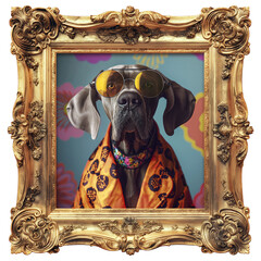 Sticker - Funny vintage 70s portrait of a Great Dane dog in a square 19th century gilt wood frame