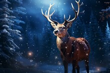 Majestic Reindeer With A Glowing Red Nose In A Snowy Forest