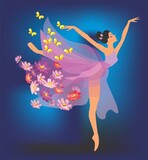 Fototapeta  -   composition with a girl who performs a dance surrounded by flowers and butterflies
