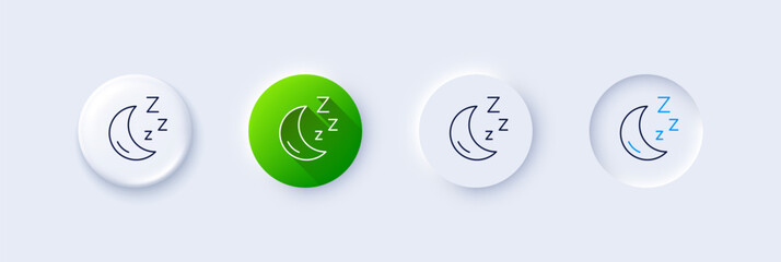 Moon line icon. Neumorphic, Green gradient, 3d pin buttons. Sleep zzz sign. Night lunar symbol. Line icons. Neumorphic buttons with outline signs. Vector