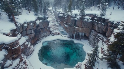 Wall Mural - a large pool of water surrounded by snow covered rocks and trees in the middle of a rocky area with a waterfall in the middle of the pool.