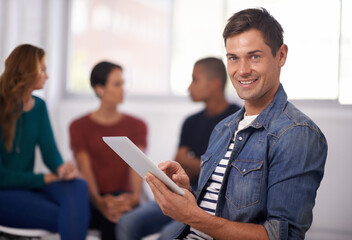 Leinwandbilder - Portrait, happy and business man with tablet in office, startup or company for creative job in workplace. Face, professional and smile of entrepreneur with technology, coworking and editor in meeting