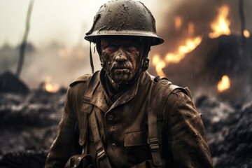 World War I soldier standing in a muddy trench wearing a gas mask.