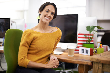 Poster - Portrait, smile and business woman in startup, office or company for creative job on chair in workplace. Face, happy professional and entrepreneur, employee and editor working on career in Brazil
