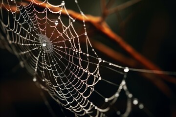 Macro view of a spider spinning its intricate web between branches.