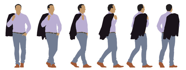 Wall Mural - Vector concept conceptual silhouette of a man with a jacket over his shoulder from different perspectives isolated on white background. A metaphor for casual, confidence, business and lifestyle