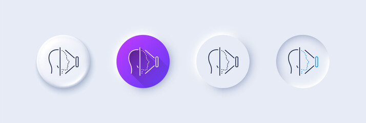 Poster - Face scanning line icon. Neumorphic, Purple gradient, 3d pin buttons. Phone Face id sign. Head recognition symbol. Line icons. Neumorphic buttons with outline signs. Vector