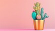 A vibrant cactus thrives in a luxurious gold pot against a soft pink backdrop