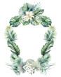 Watercolor tropical wreath with white flowers and green palm leaves isolated illustration