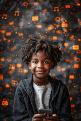 Poster - A joyful young black boy holding a phone, smiling indoors.