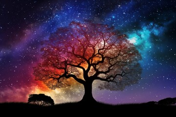 Wall Mural - captivating view of the milky way galaxy and colorful nebulae against a dark night sky with a silhou