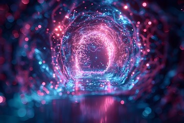 Wall Mural - abstract, vibrant image of glowing tunnel filled with neon pink, blue, and purple lights. The symmetrical tunnel creates an otherworldly atmosphere, with small portal at the center leading to future