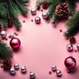 Fototapeta Panele - Christmas background with fir branches and christmas balls on a pink background