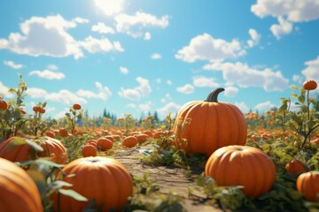pumpkin patch with blue sky and clouds.