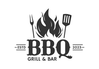 Wall Mural - BBQ logo. Barbecue, grill icon with fire flame. Meat restaurant label. Vector illustration.