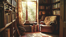 A Cozy Reading Nook Tucked Away In A Corner Of A Sunlit Room, With Shelves Filled With Books And A Comfortable Armchair.