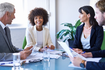 Wall Mural - Business people, teamwork and meeting with documents in office for financial planning, brainstorming and diversity. Professional, employees and collaboration in boardroom with strategy and happiness