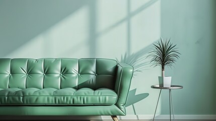 Light green leather sofa against wall with copy space. Mid-century, retro, vintage style home interior design of modern luxury living room.