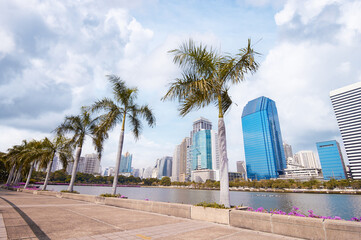 Wall Mural - Bangkok skyscrappers. View from Benjakiti park on the city towers.