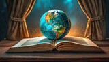 Fototapeta Przestrzenne - An open book with a world globe and surrounding books, in front of a laptop on a table