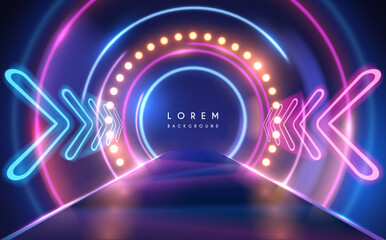 Wall Mural - neon lights tunnel with circle effects and lamps