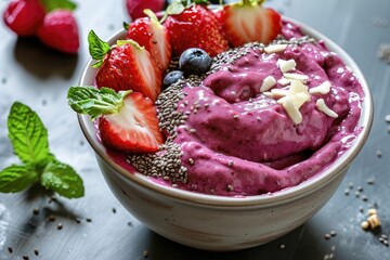 Wall Mural - Enjoy a nutritious and delicious treat with this bowl of fresh fruit, chia seeds, and juicy strawberries, A detailed view of an acai smoothie bowl packed in a portable container, AI Generated