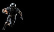 © Semper Fidelis - An American football player in a black helmet and uniform runs with a ball in his right hand in the right part of the frame on a black background