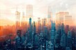Panoramic Cityscape, Breathtaking View of Tall Buildings in a Vibrant Urban Center, A double exposure shot of future skyline and tower construction, AI Generated