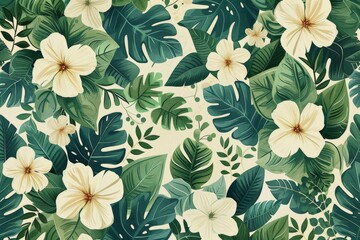  Tropical Floral Seamless Pattern with White Flowers and Green Leaves on Beige Background