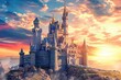 A magnificent castle perched on a hill, basking in the ethereal glow of a breathtaking sunset, A fairy tale-like castle against a sunset sky on a summer evening, AI Generated