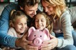 © Iftikhar alam - A photo showcasing a man and two girls as they hold a pink piggy bank together, A family shrinking their budget due to inflation, AI Generated